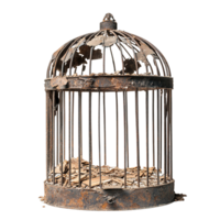 Heavily Rusted Birdcage with Broken Top and Corroded Metal Bars png