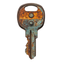 Rusty Key with Extensive Corrosion, Circular Indentations, and Discolored Surface png