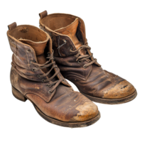 Heavily Worn Brown Leather Boots with Scuffed Toes and Frayed Laces on Transparent Background png