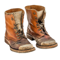 Rustic Brown Leather Boots with Visible Scuffs, Creased Leather, and Frayed Laces png