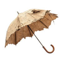Heavily Worn Out Umbrella with Missing Fabric and Exposed Metal Ribs, Featuring Wooden Handle png