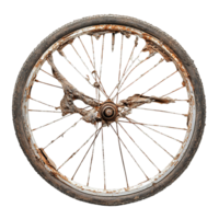Heavily Rusted Bicycle Wheel with Broken and Missing Spokes on Transparent Background png