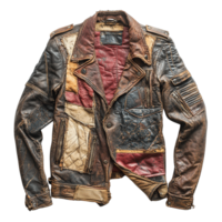 Rugged Leather Biker Jacket with Large Holes, Frayed Patches, and Metal Snaps on Transparent Background png