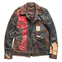 Worn Leather Jacket with Frayed Patches, and Rugged Aesthetic Isolated on Transparent Background png