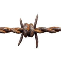 Close-Up of Heavily Corroded Barbed Wire with Sharp, Twisted Barbs and Visible Rust on Transparent Background png