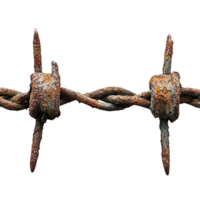 Intricate Close-Up of Rusty Barbed Wire with Sharp Twisted Barbs and Corroded Surface png