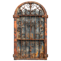 Weathered Gothic Archway Gates Covered in Rust on Transparent Background png