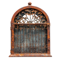 Rusty Arched Gates with Delicate Scrollwork and Patina on Transparent Background png