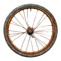 pesadamente enferrujado bicicleta roda com desgastado pneu e corroído raios isolado em transparente fundo png