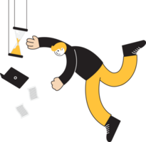 A man is hanging from a clock with papers and a phone png