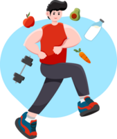 A man is running with a dumbbell and vegetables png