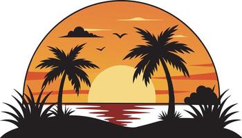 Sunset on a Remote Tropical Beach with Palm Silhouettes vector