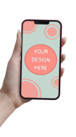 Mockup of a pink phone in hand To accommodate your design No background psd