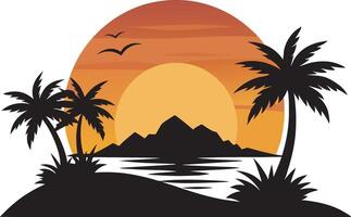 Sunset Horizon with Tropical Beach and Swaying Palms vector