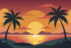 Serene Sunset Beach Scene with Palm Trees vector