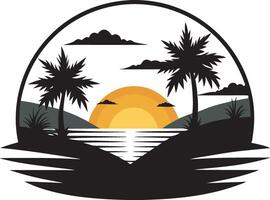 Golden Hour Beach Scene with Ocean and Palm Trees vector