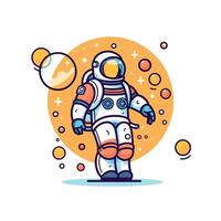 Astronaut exploring space with colorful spheres vector
