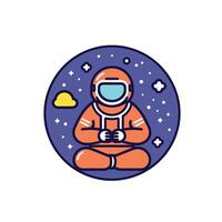 Astronaut sitting in space playing with device vector