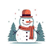 Snowman in winter forest with festive elements vector