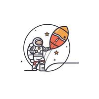 Astronaut holding a colorful rocket in space vector