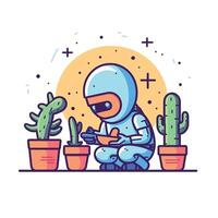 Astronaut tending to cacti in bright setting vector