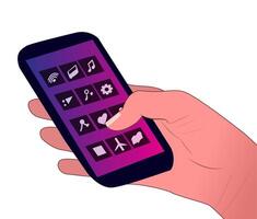 modern illustration of hand playing with cellphone, showing icons on cellphone vector