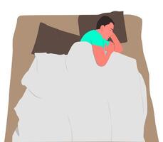 A comfortable and relevant illustration of a man sleeping soundly in bed, covered by a soft blanket, ideal for bedding products, healthcare services or sleep aids. vector