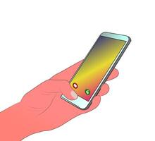 illustration of a hand holding a cellphone, ideal for use in marketing materials, technology blogs, app ads, educational content, or social media designs. vector
