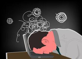 illustration of an employee or worker who is tired, dizzy from the work pressure he is experiencing, black background, white mesh vector