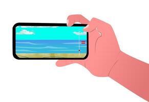 modern illustration of a hand holding a cellphone while taking a of the beach or sea vector