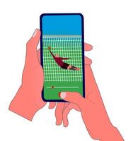 illustration of hand holding mobile phone watching football , digital marketing, social media graphics, technology related presentations, or app development projects vector
