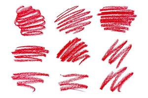 Collection Red Charcoal Brush Strokes, Wavy Lines Shapes. Hand Drawn Abstract Shapes Lines Drawn with Pencil Bright Colored Charcoal. Circles, Scribbles and Strokes. vector