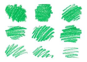 Collection of Green Charcoal Brush Strokes, Wavy Lines Shapes. Hand Drawn Abstract Shapes Lines Drawn with Pencil Bright Colored Charcoal. Circles, Scribbles and Strokes. vector