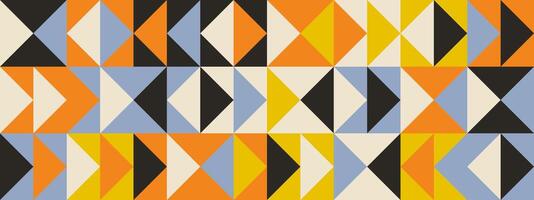 Bright retro triangle seamless pattern. Abstract geometric mid century background. Colorful Swiss modernist or postmodernist style wallpaper. Modular repeating overlay. Colorful mural backdrop vector