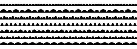 Wavy repeating pattern border set. Scallop shape frame element collection for decoration, banner, poster. Wave edge seamless stripes to divide or separate. Black repeated squiggle stroke pack. vector