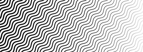 Black curved stripe texture gradient. Wave line pattern wallpaper. Fading wavy linear halftone gradation. Thin to thick zigzag strike background for overlay, print, cover, graphic design. vector