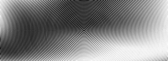 Black concentric circle background. Radial geometric pattern wallpaper. Linear epicenter, radar or target concept. Round rippled ring backdrop for brochure, banner, poster, overlay. vector