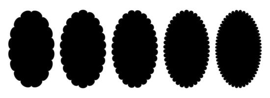 Wavy edge oval frame collection. Jagged scallop ellipse border element set. Black undulate graphic design templates for decoration, banner, poster, template, sticker, badge. Vintage bundle vector
