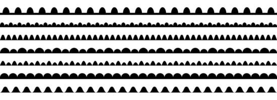 Wavy repeating pattern border set. Scalloped shape frame collection for decoration, banner, poster. Wave edge seamless stripes to divide or separate. Black repeated squiggle stroke pack vector