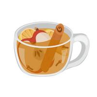 image of winter or autumn drink in glass mug. Image of alcoholic cocktail with apples, cinnamon and ginger with lemon. vector