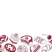 frame of cakes, sweets and pastries. Image of confectionery with space for text. Sweet pastries with fruits in doodle style. vector