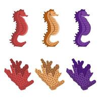 set of seahorse and corals in different colors. Marine animals. Underwater world. vector