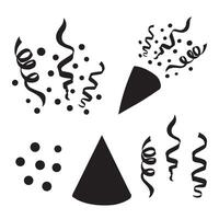 Party hat and popper with streamers and confetti. Firecracker and serpentine. Festive set of sihouette icon. graphic illustration isoated. Birthday collection. Clipart for card, print, textile. vector