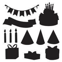 Cake, gift boxes and party hats. Candles and ribbon banner, flags garland. graphic illustration isoated. Festive set of sihouette icon. Birthday collection. Clipart for, card, print, textile. vector