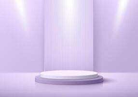 Realistic 3D white, lavender purple cylinder pedestal podium with spotlight and vertical pattern background. Abstract minimal scene mockup products display. Stage for showcase. geometric forms. vector