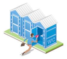 Man run to portable chemical toilet. Isometric three dry water closet cabins. Object isolated on white. Man run to blue restroom WC lavatory stall. vector