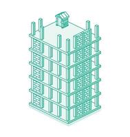 Construction site with skyscraper. Process of building multi-storey building. Industrial technology. Outline style. Isometric monolithic frame building and tower crane. vector