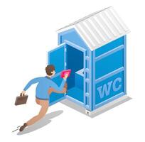 Man run to portable chemical toilet. Isometric dry water closet cabin. Object isolated on white. Man run to blue restroom WC lavatory stall. vector