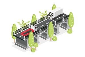 Isometric outline bridge with flatbed truck. Road icon. Urban infrastructure. Highway bridge. Trees in row. Cars driving on a bridge. vector