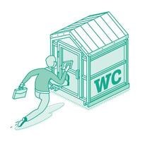 Man run to portable chemical toilet. Isometric dry water closet cabin. Object isolated on white. Outline style. Man run to restroom. vector